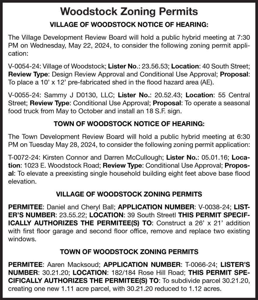 Town/Village of Woodstock Zoning Permits The Vermont Standard